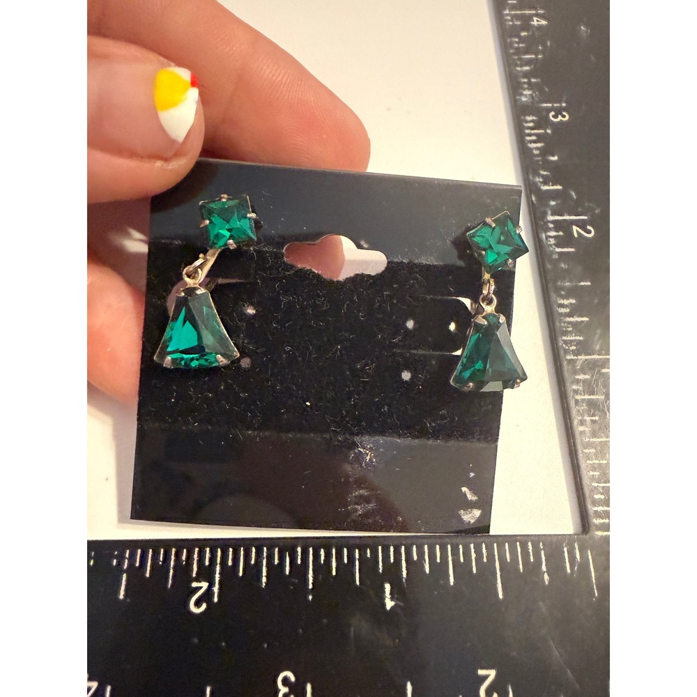 Emerald Green Glass Rhinestone Geometric Drop Screw Back Earrings Silver Tone